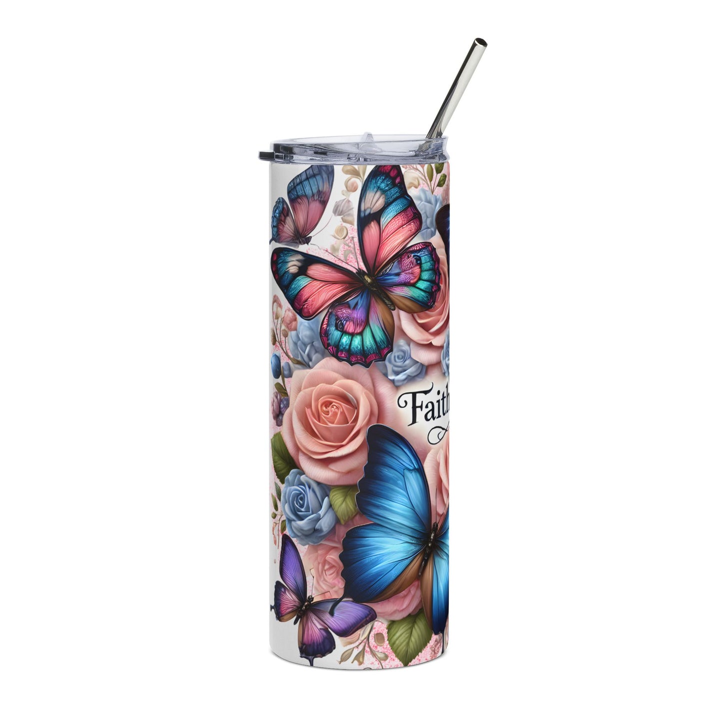 Floral Butterfly Faith Tumbler | 20oz Stainless Steel Drinkware, Inspirational Gift, Motivational Tumbler, Summer Hydration, Eco-Friendly