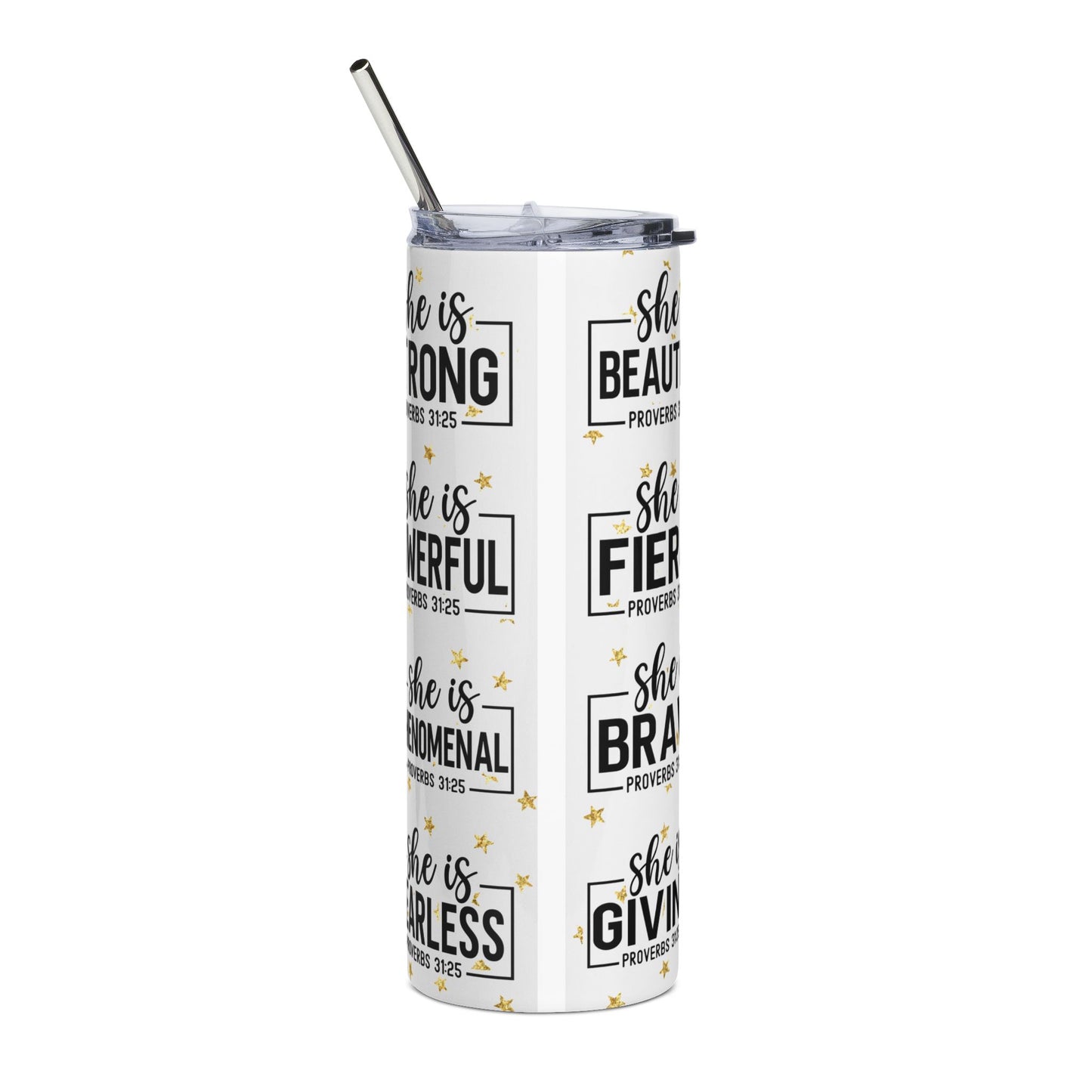 Empowering Stainless Steel Tumbler, 20oz | Inspirational Gifts for Women, Motivational Drinkware, Proverbs 31:25, Unique Coffee Cup, Elegant