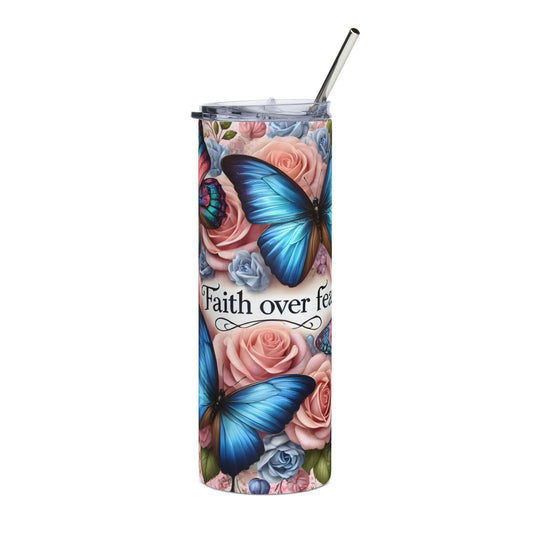 Floral Butterfly Faith Tumbler | 20oz Stainless Steel Drinkware, Inspirational Gift, Motivational Tumbler, Summer Hydration, Eco-Friendly